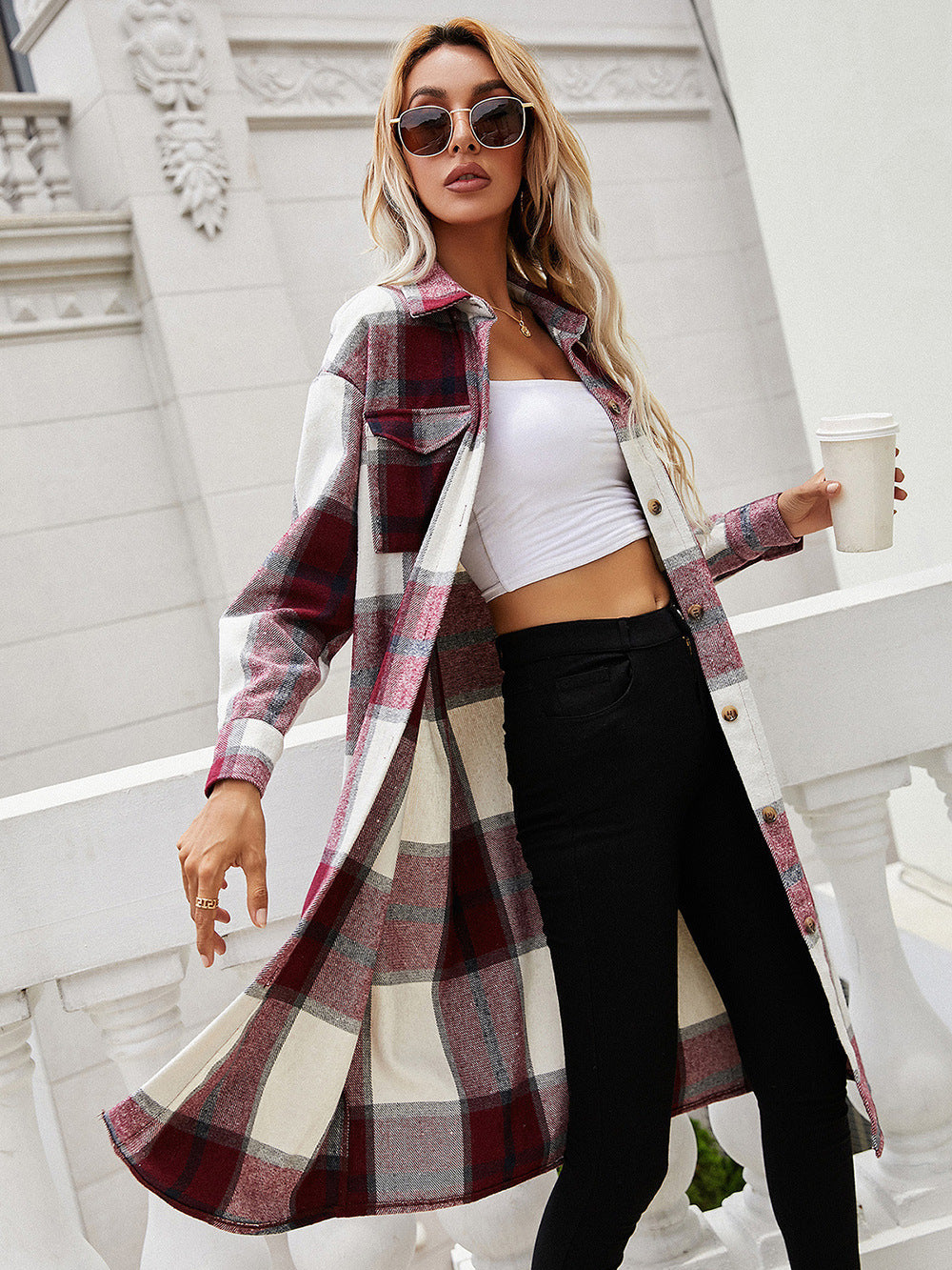 Chaqueta camisera larga a cuadros
