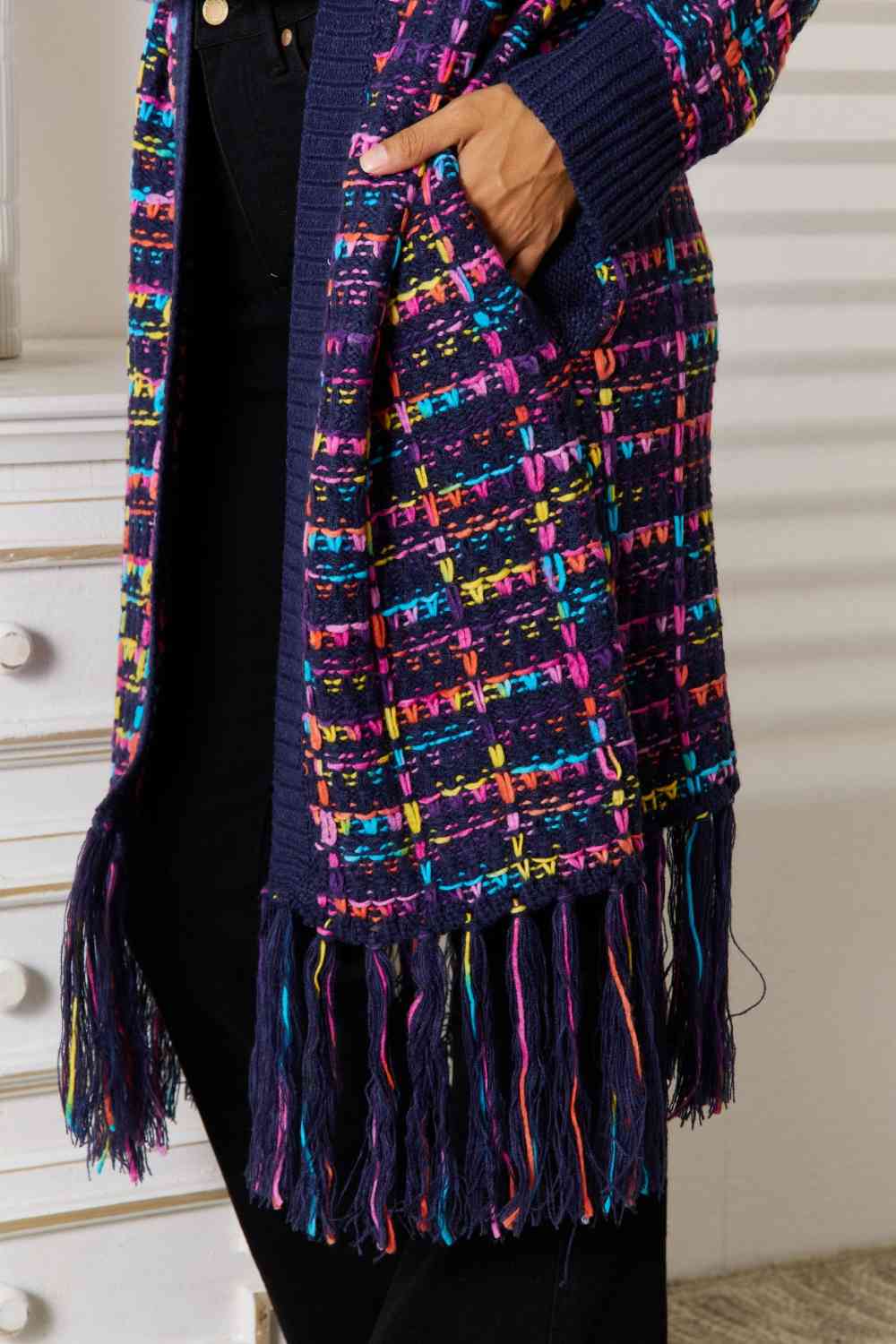 Cárdigan abierto con dobladillo de flecos (azul marino/multicolor)