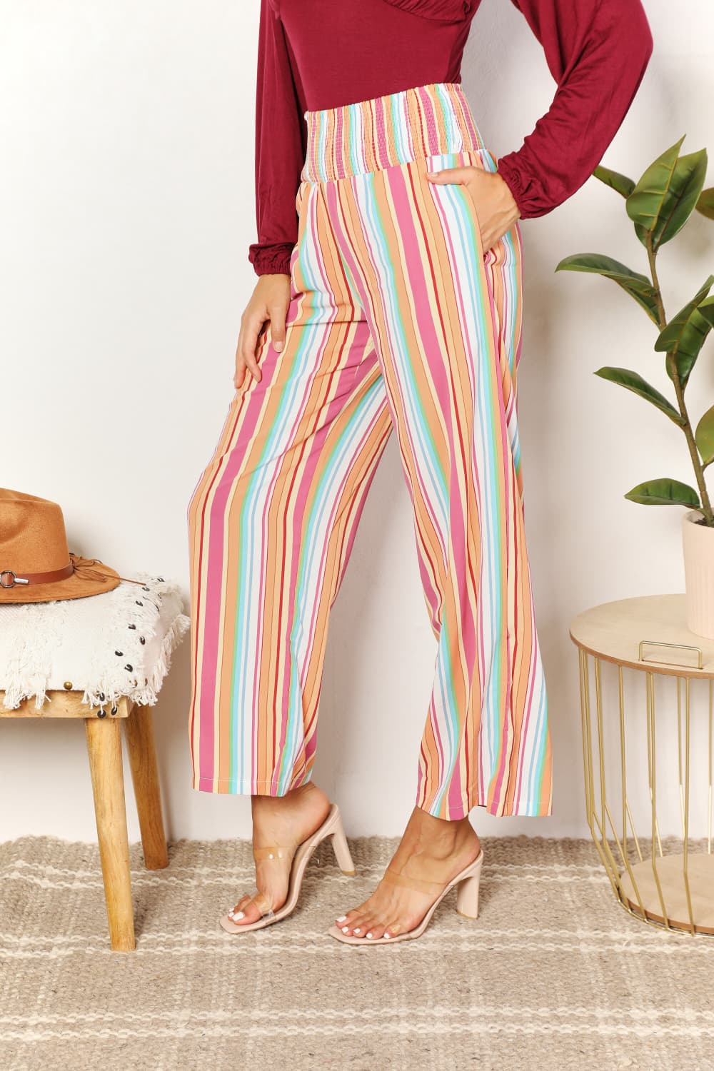 Pantalones de cintura fruncida a rayas con bolsillos Double Take