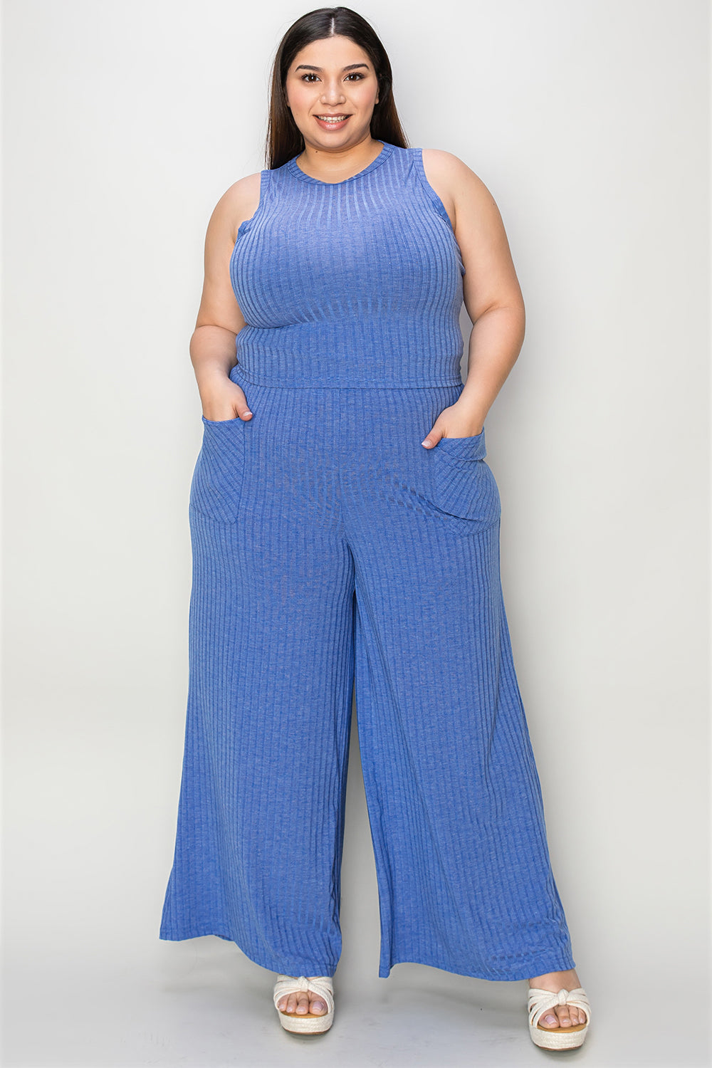 Conjunto básico Bae de camiseta de tirantes acanalada de talla grande y pantalones de pierna ancha
