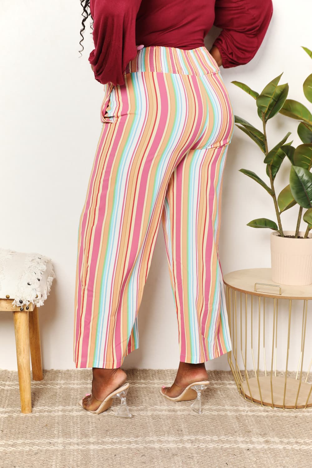 Pantalones de cintura fruncida a rayas con bolsillos Double Take