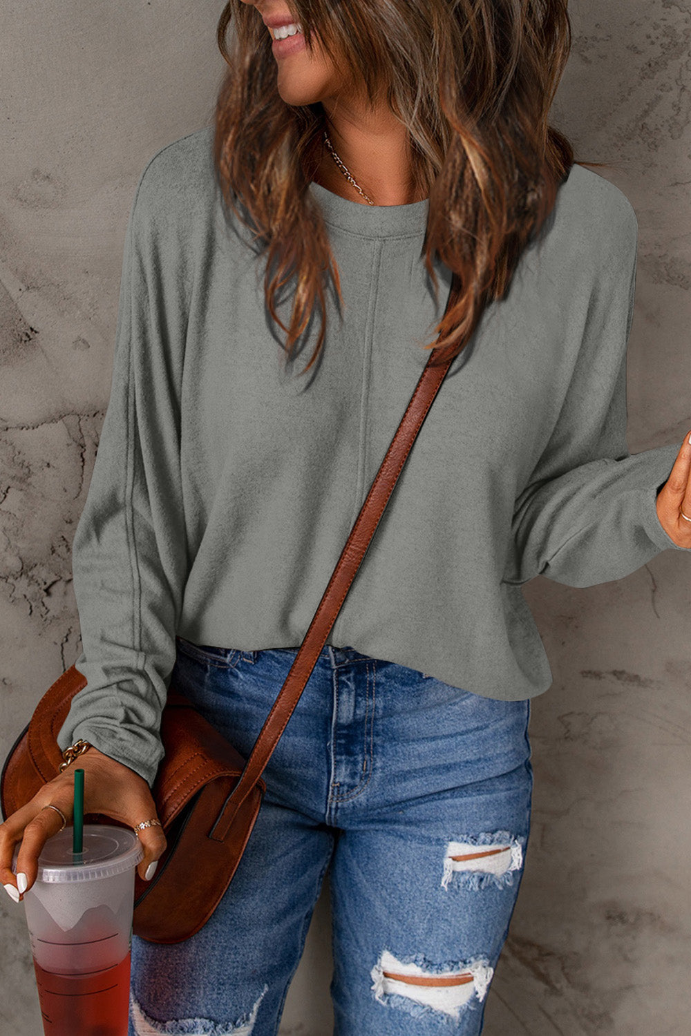 Double Take Full Size Round Neck Long Sleeve Blouse
