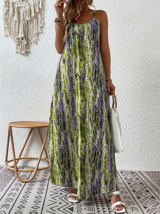 Vestido largo de tirantes finos con cuello redondo y estampado de talla grande