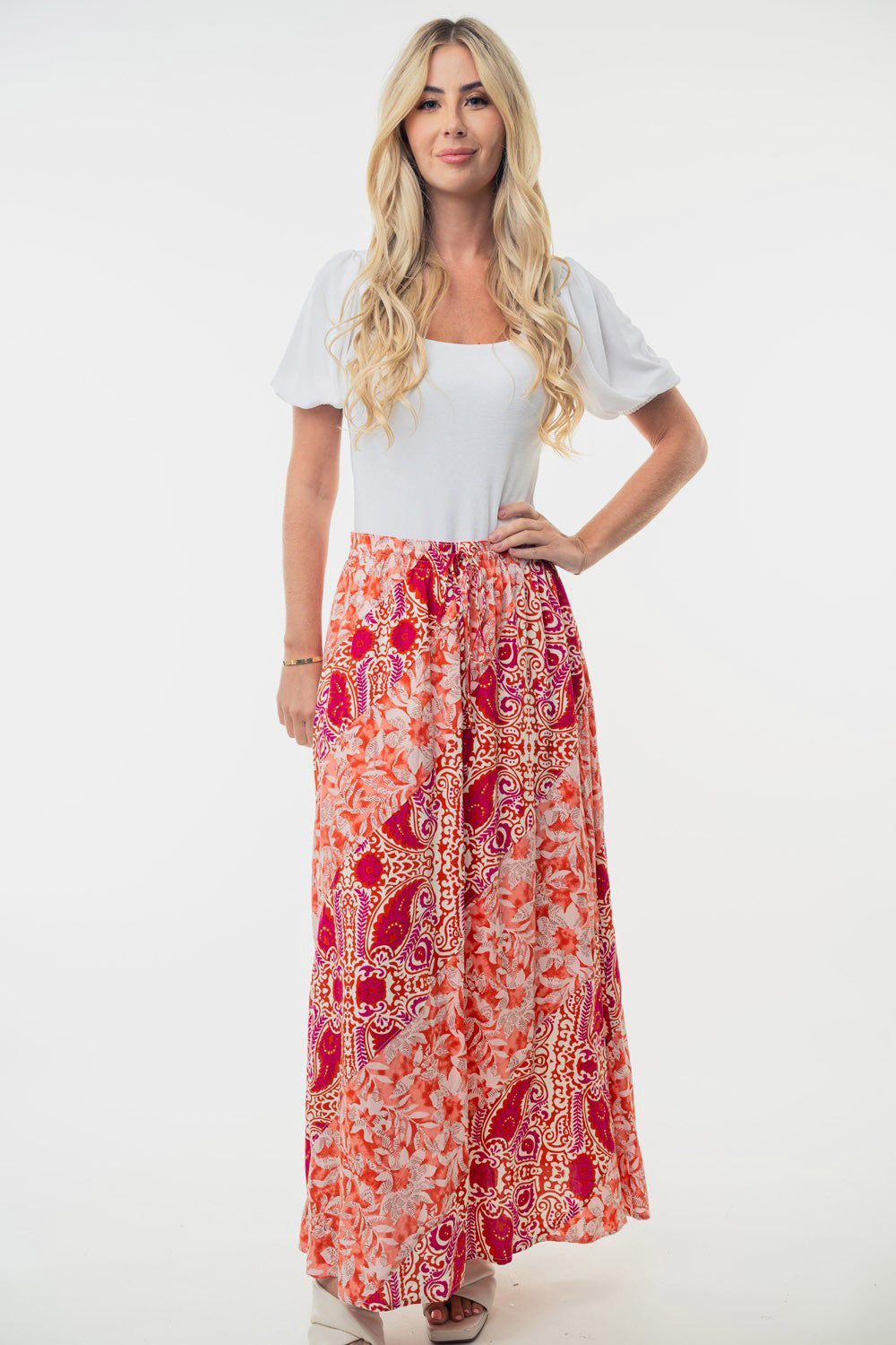 Falda tejida floral de cintura alta de White Birch