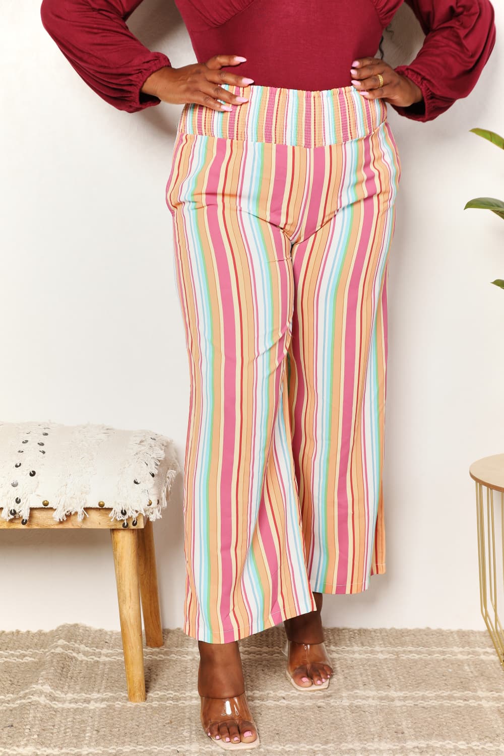Pantalones de cintura fruncida a rayas con bolsillos Double Take