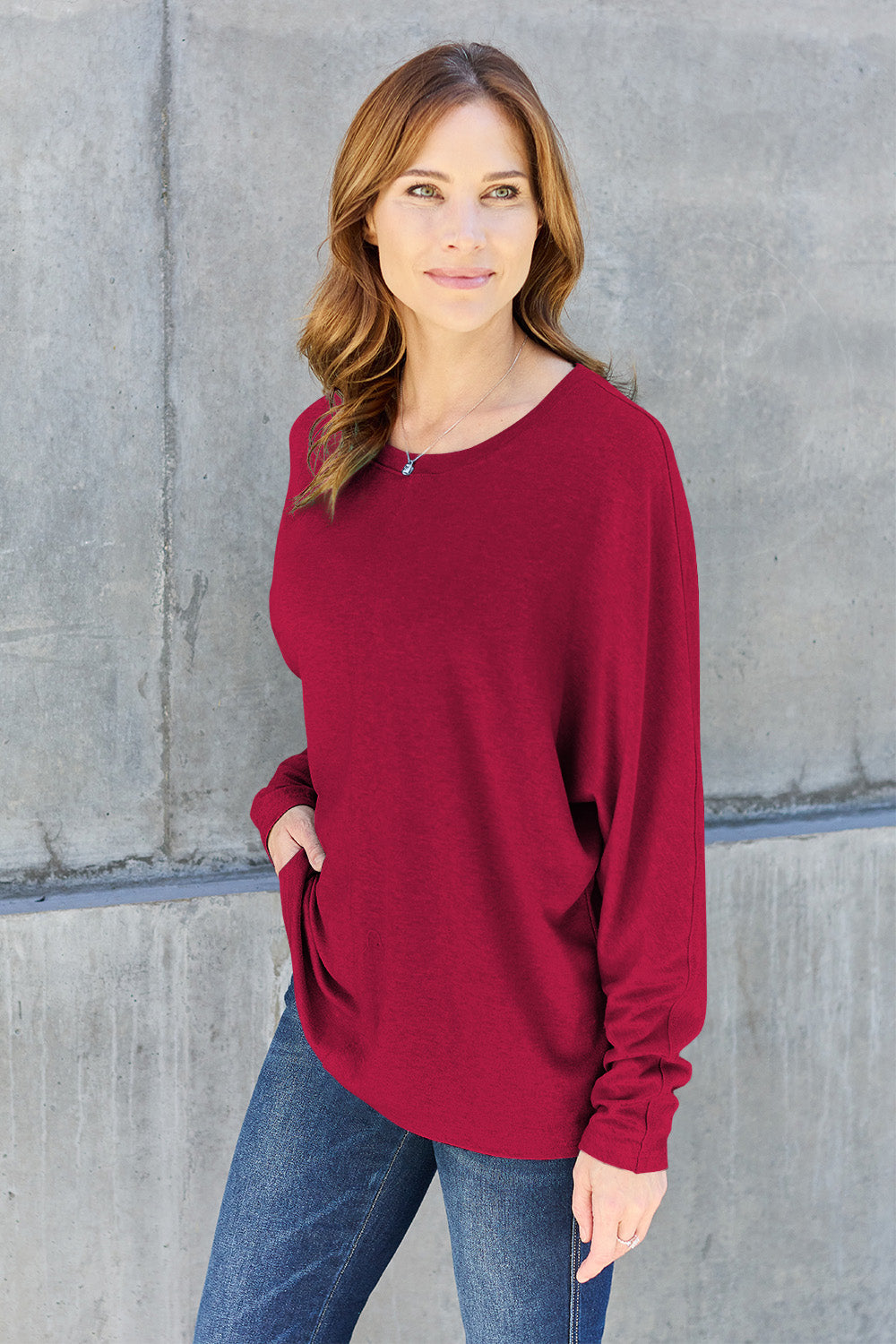Double Take Full Size Round Neck Long Sleeve Blouse