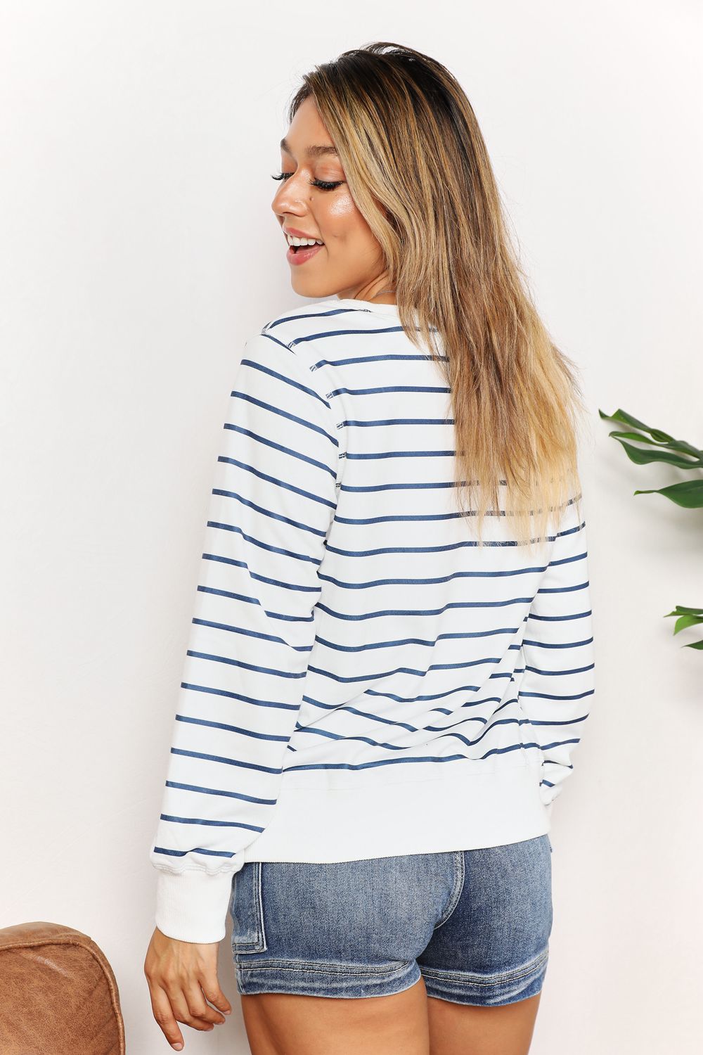 Top de cuello redondo y manga larga a rayas Double Take