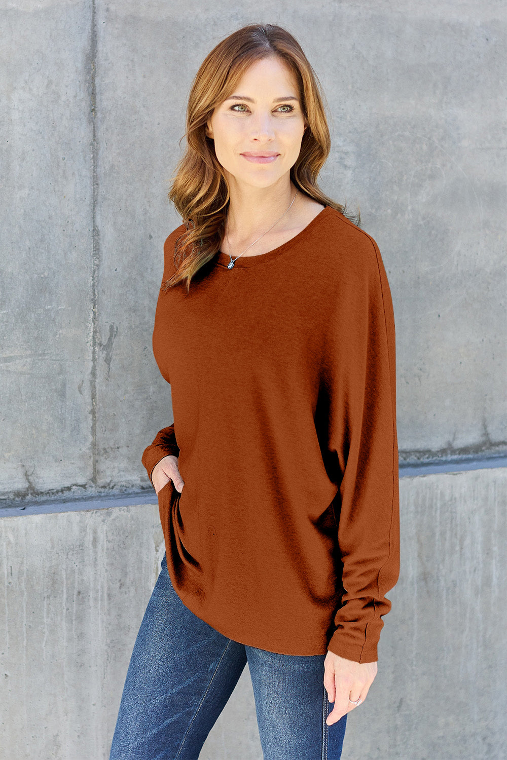 Double Take Full Size Round Neck Long Sleeve Blouse