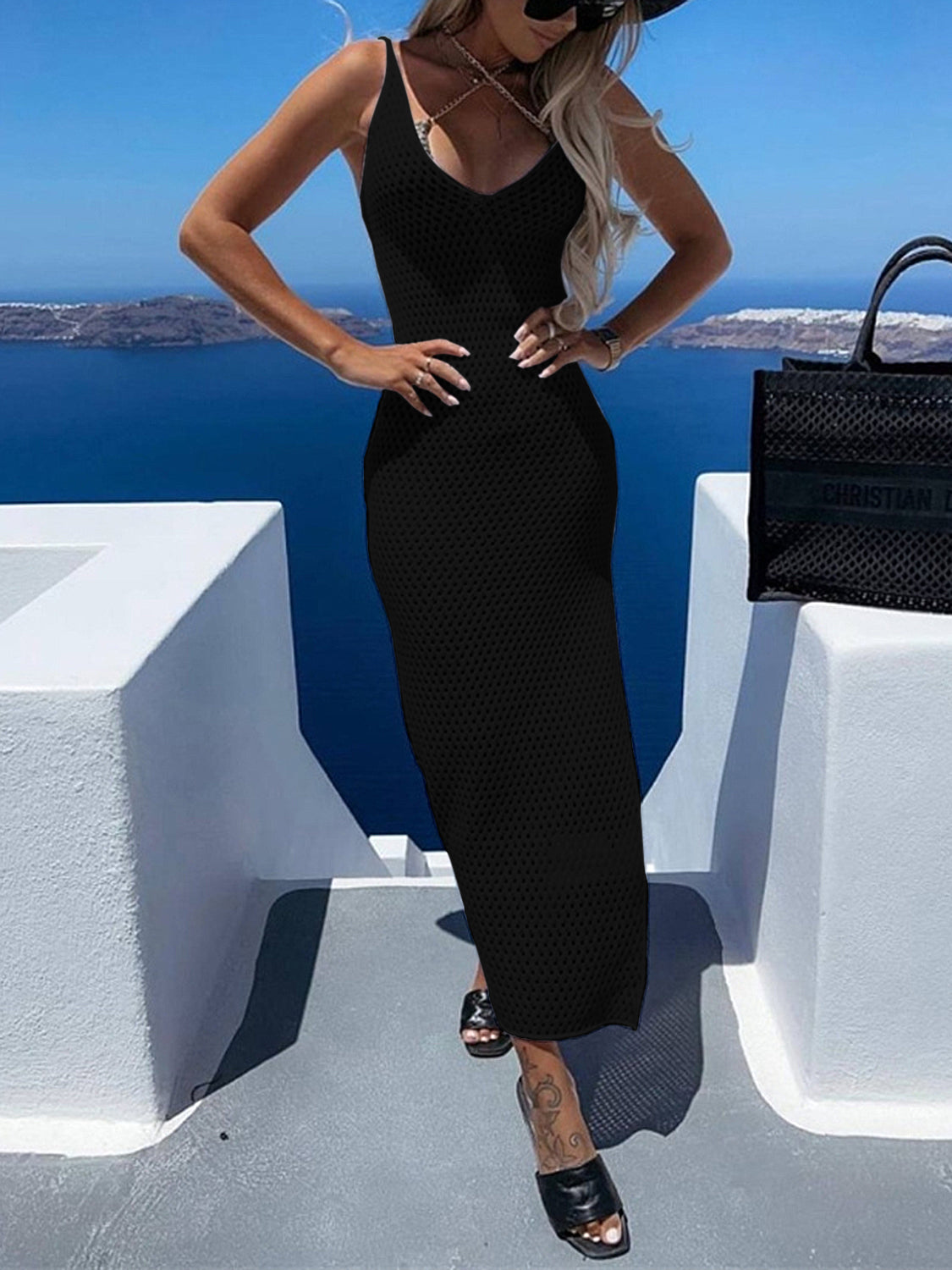 Vestido playero sin mangas con escote en V calado y abertura