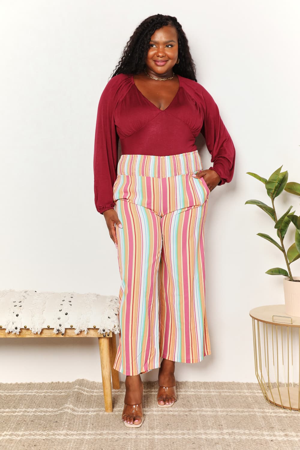 Pantalones de cintura fruncida a rayas con bolsillos Double Take