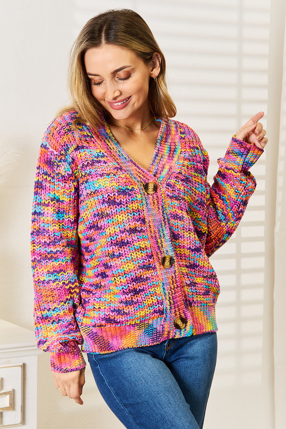 Cárdigan de manga larga con cuello en V derecho tejido