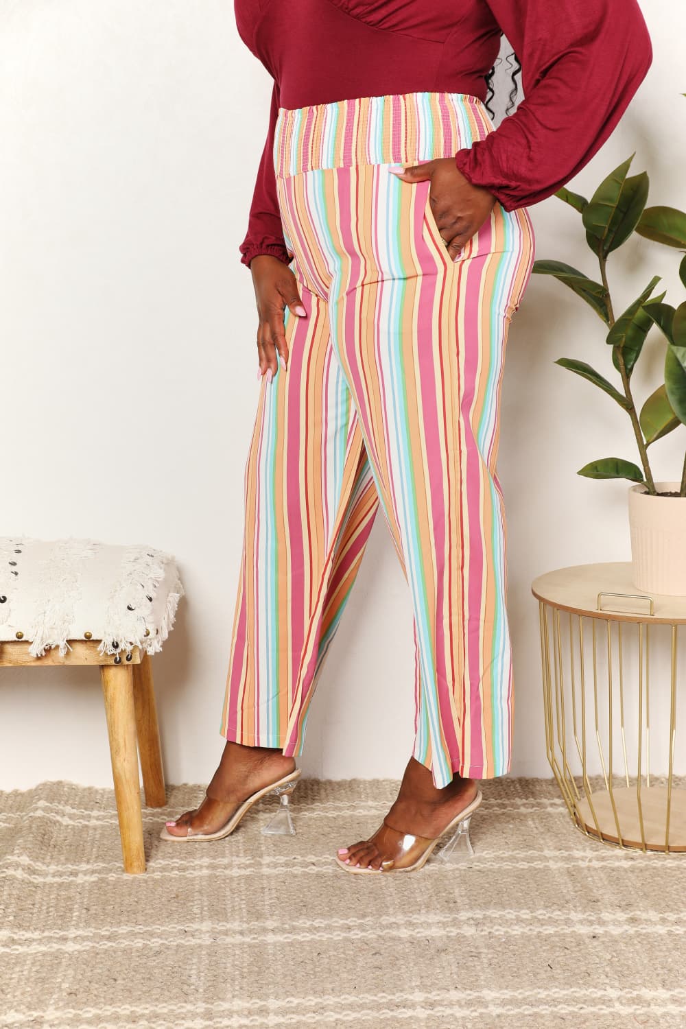 Pantalones de cintura fruncida a rayas con bolsillos Double Take