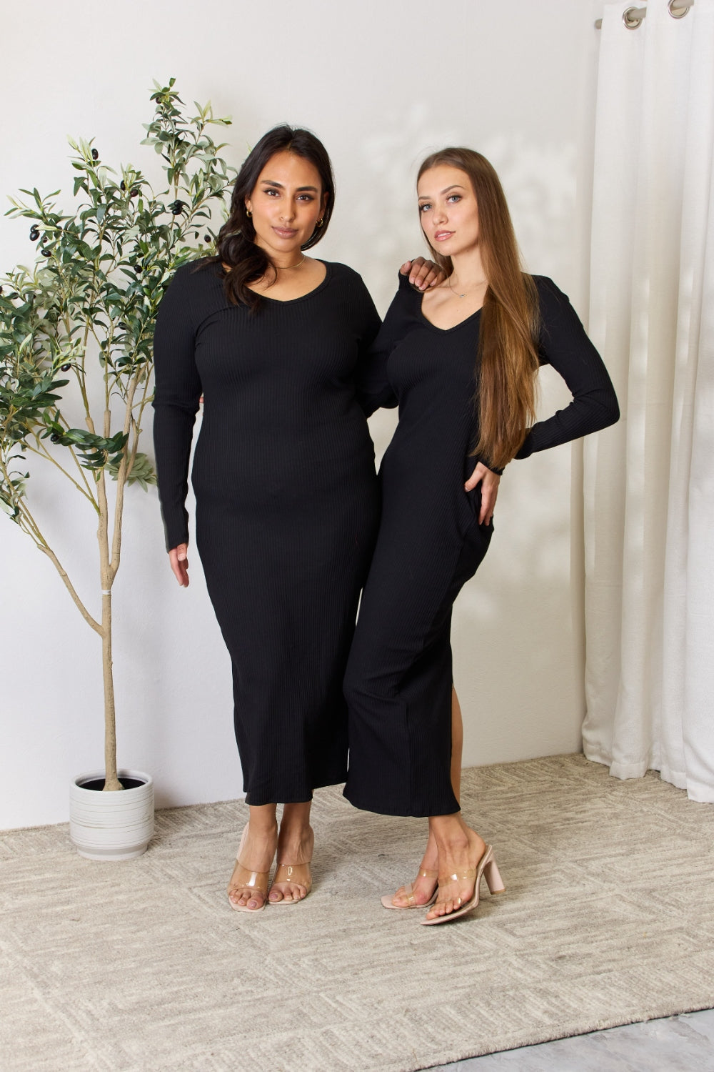 Vestido midi de manga larga acanalado con abertura en talla grande de Culture Code