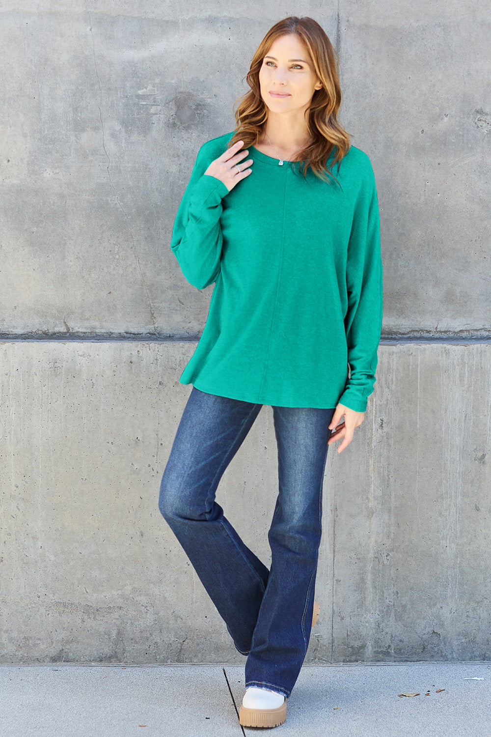 Double Take Full Size Round Neck Long Sleeve Blouse