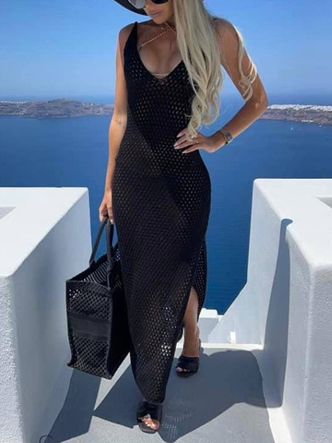 Vestido playero sin mangas con escote en V calado y abertura