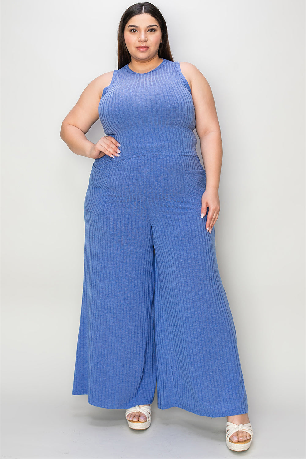 Conjunto básico Bae de camiseta de tirantes acanalada de talla grande y pantalones de pierna ancha