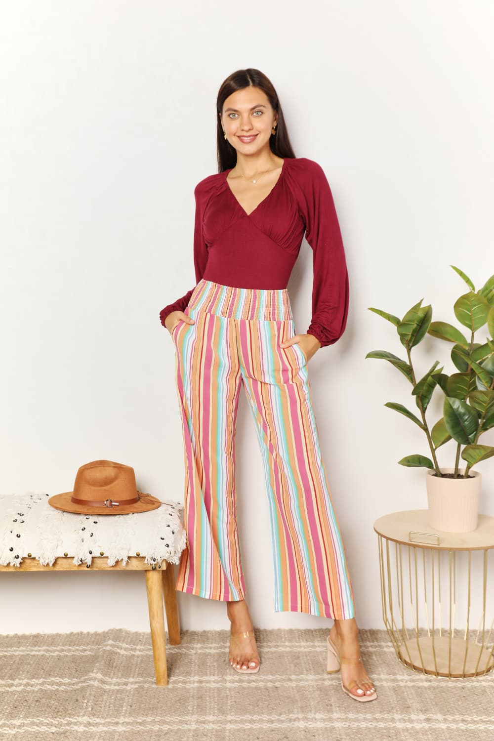 Pantalones de cintura fruncida a rayas con bolsillos Double Take