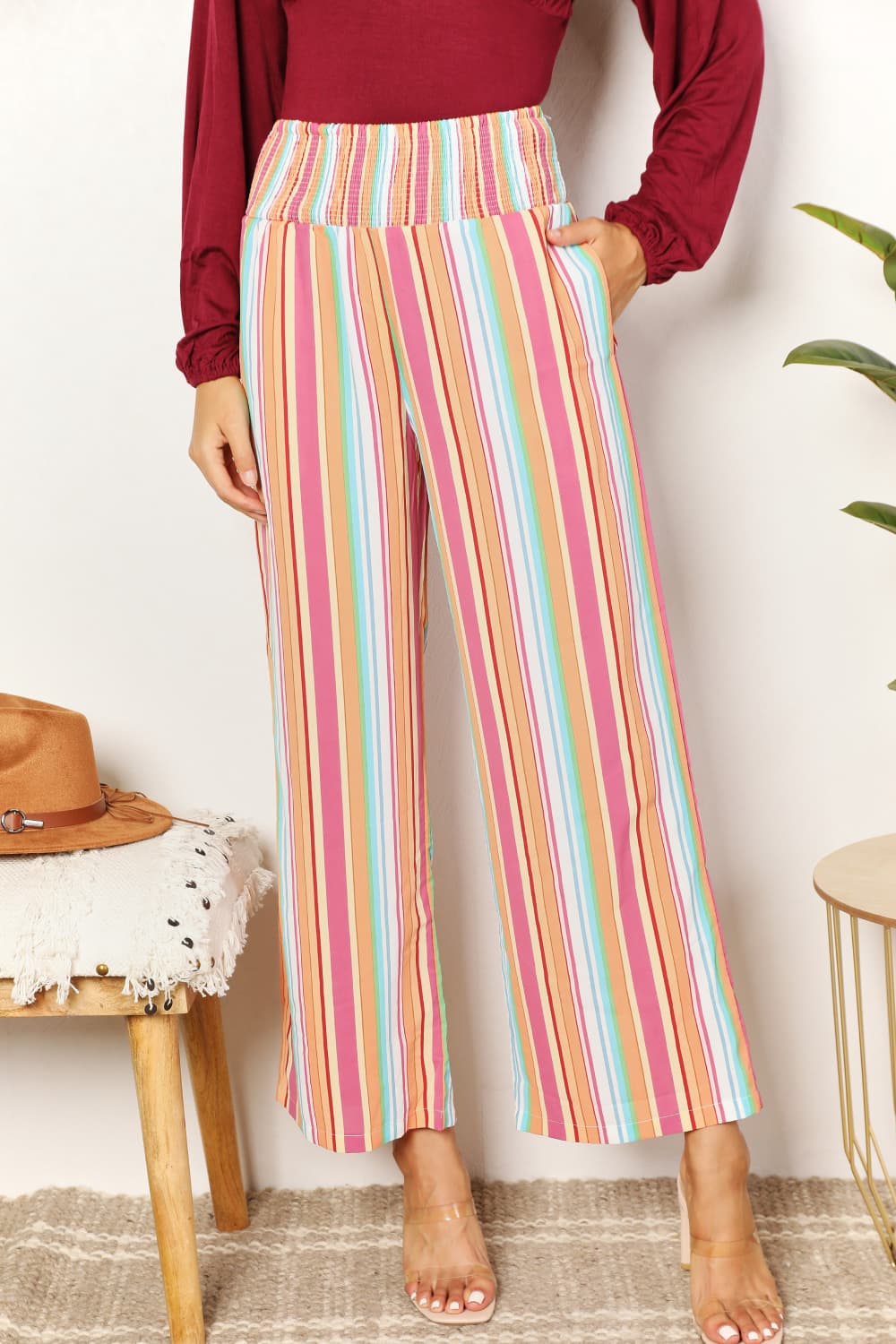 Pantalones de cintura fruncida a rayas con bolsillos Double Take