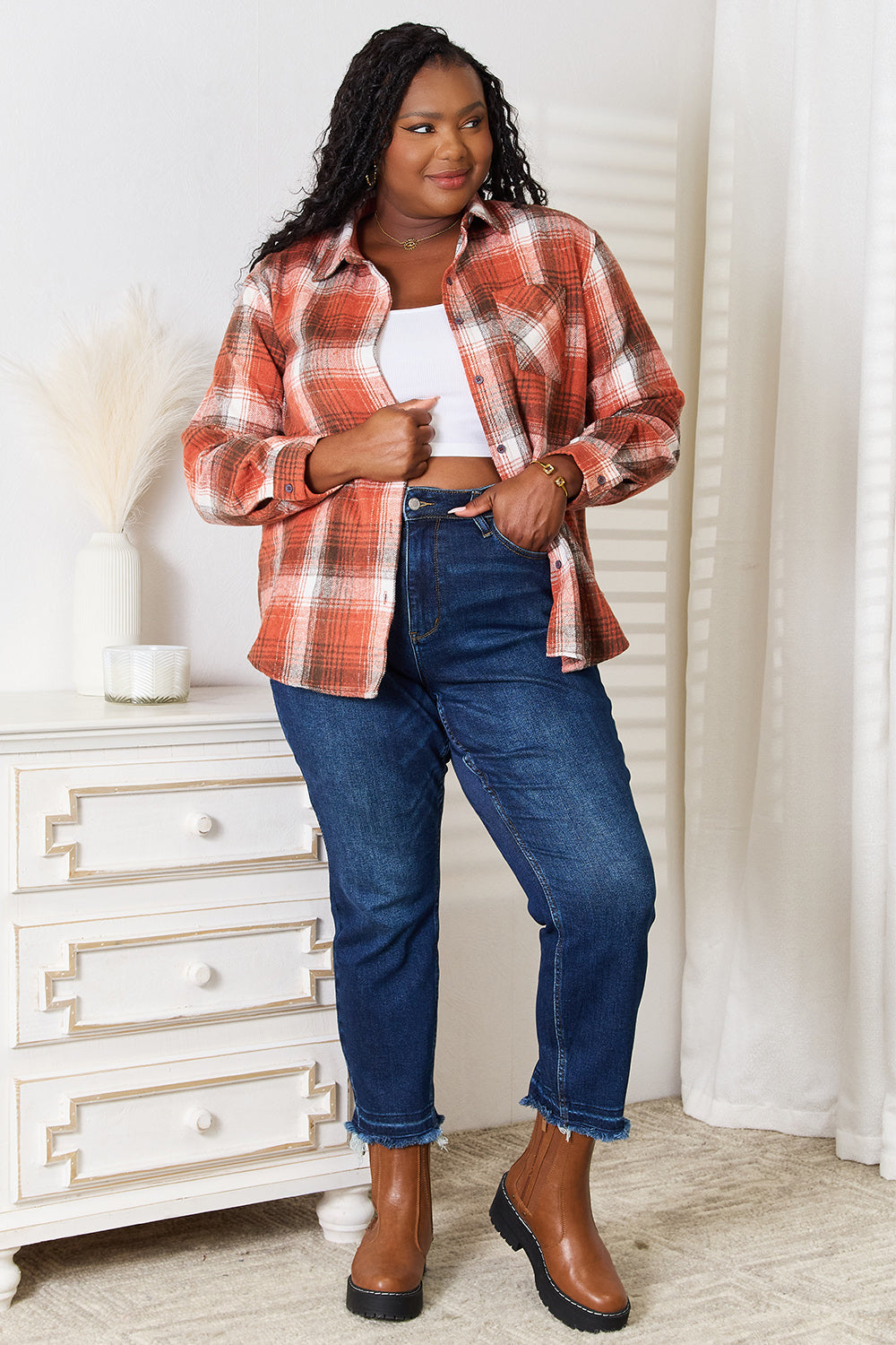 Camisa de manga larga con cuello a cuadros Double Take