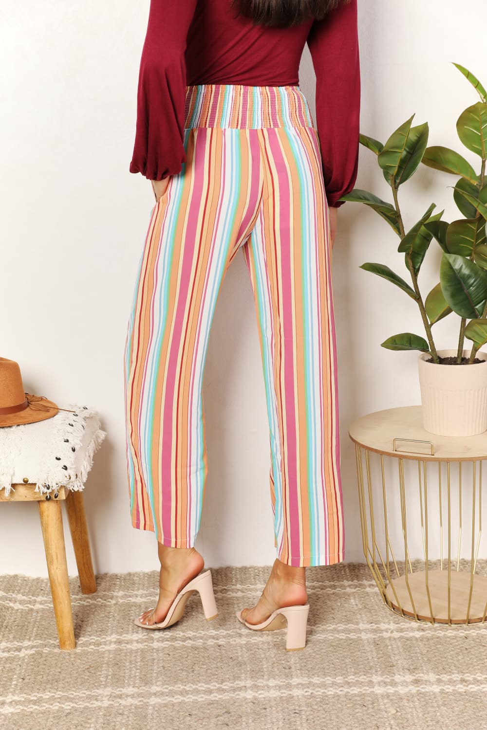 Pantalones de cintura fruncida a rayas con bolsillos Double Take