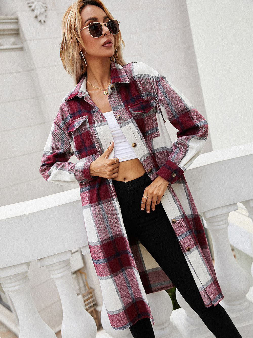 Chaqueta camisera larga a cuadros