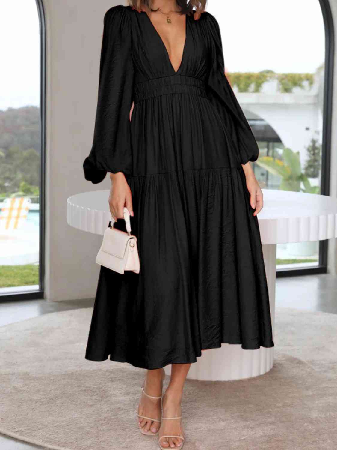 Vestido largo liso con escote en V profundo y mangas globo
