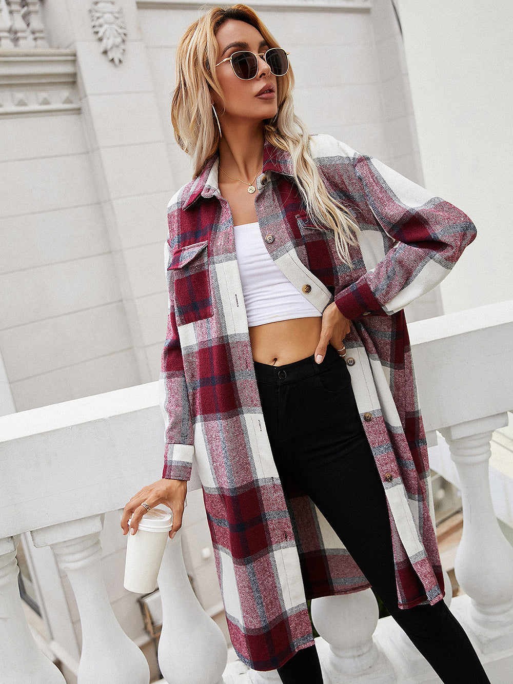 Chaqueta camisera larga a cuadros