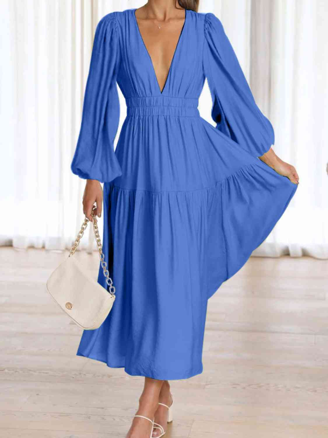 Vestido largo liso con escote en V profundo y mangas globo