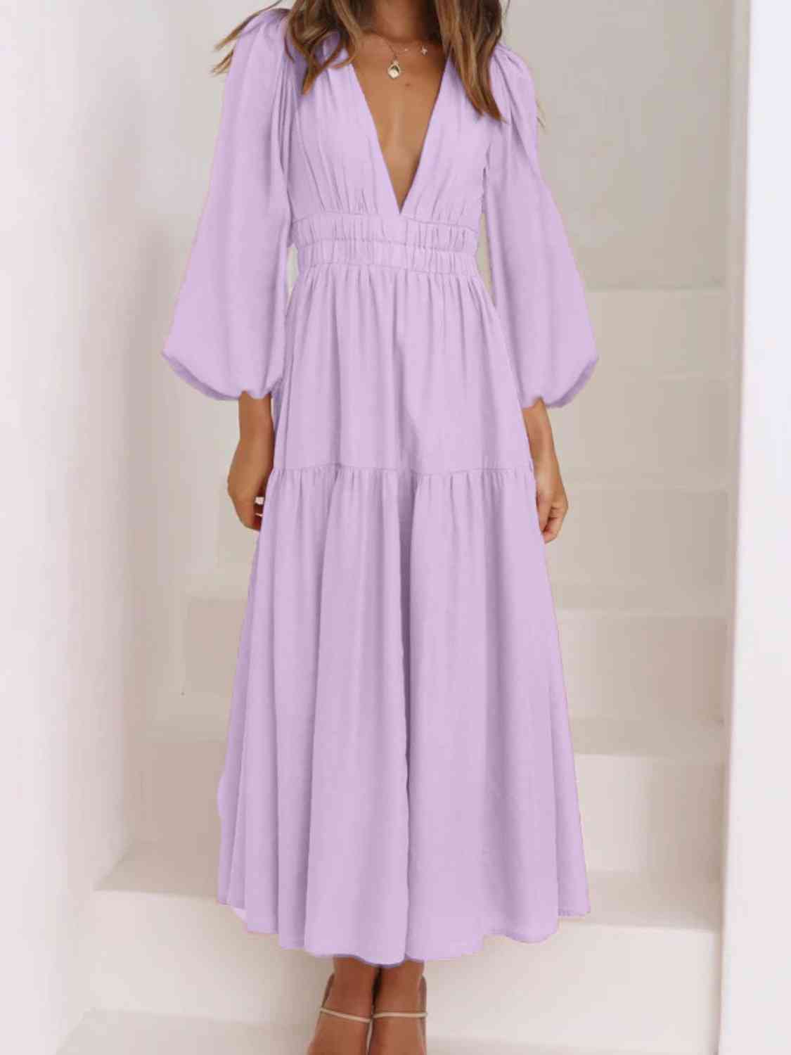 Vestido largo liso con escote en V profundo y mangas globo