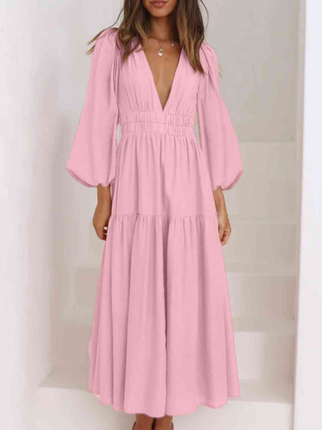 Vestido largo liso con escote en V profundo y mangas globo
