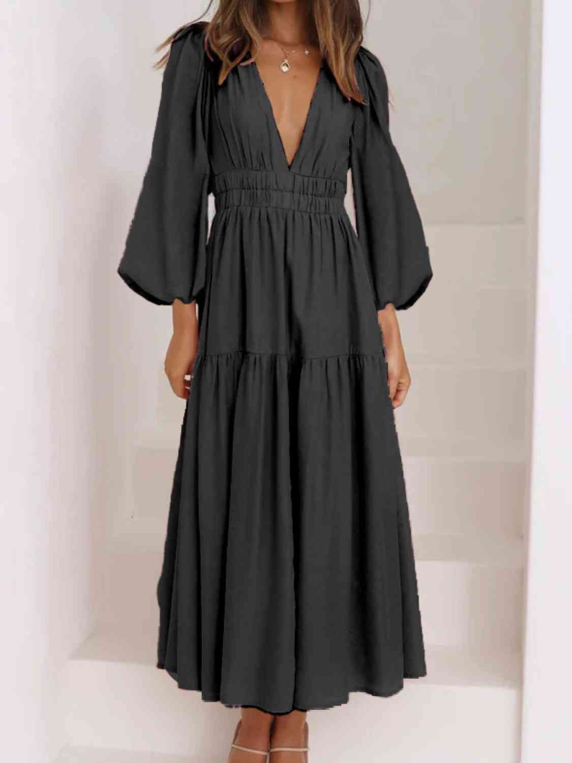 Vestido largo liso con escote en V profundo y mangas globo