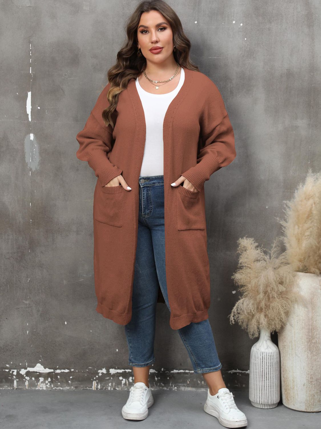 Cárdigan de manga larga con bolsillos de talla grande