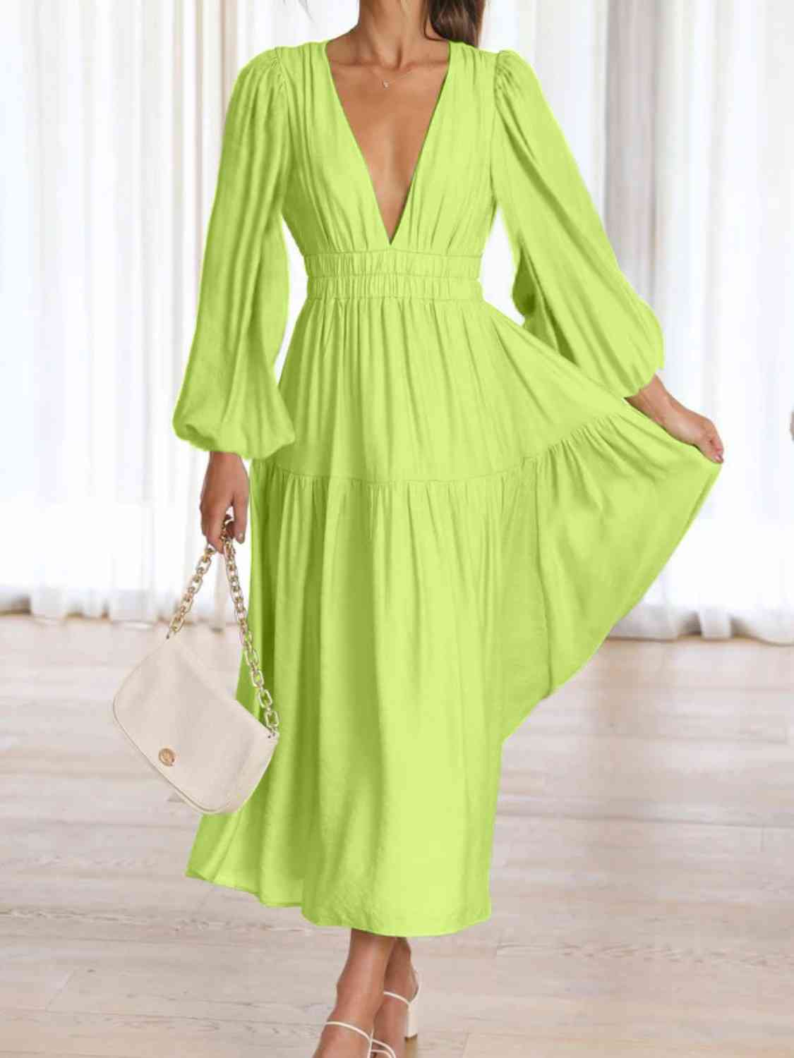 Vestido largo liso con escote en V profundo y mangas globo