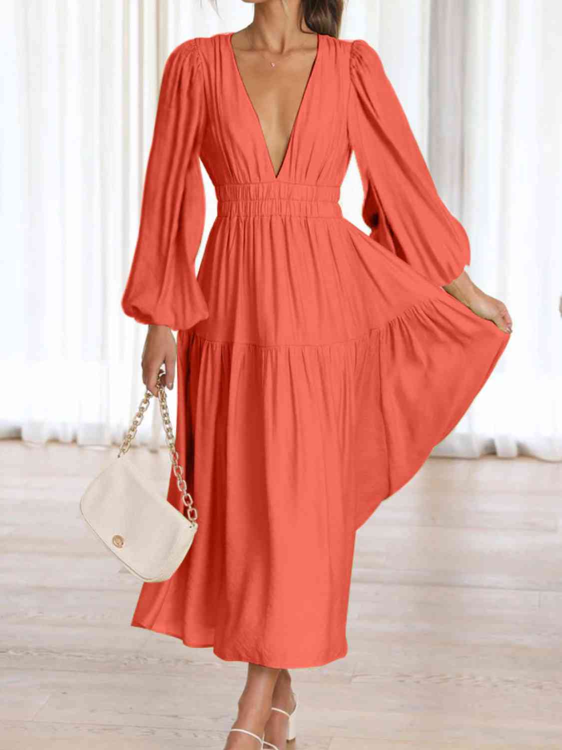 Vestido largo liso con escote en V profundo y mangas globo