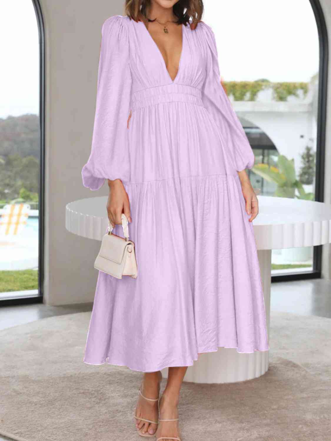 Vestido largo liso con escote en V profundo y mangas globo