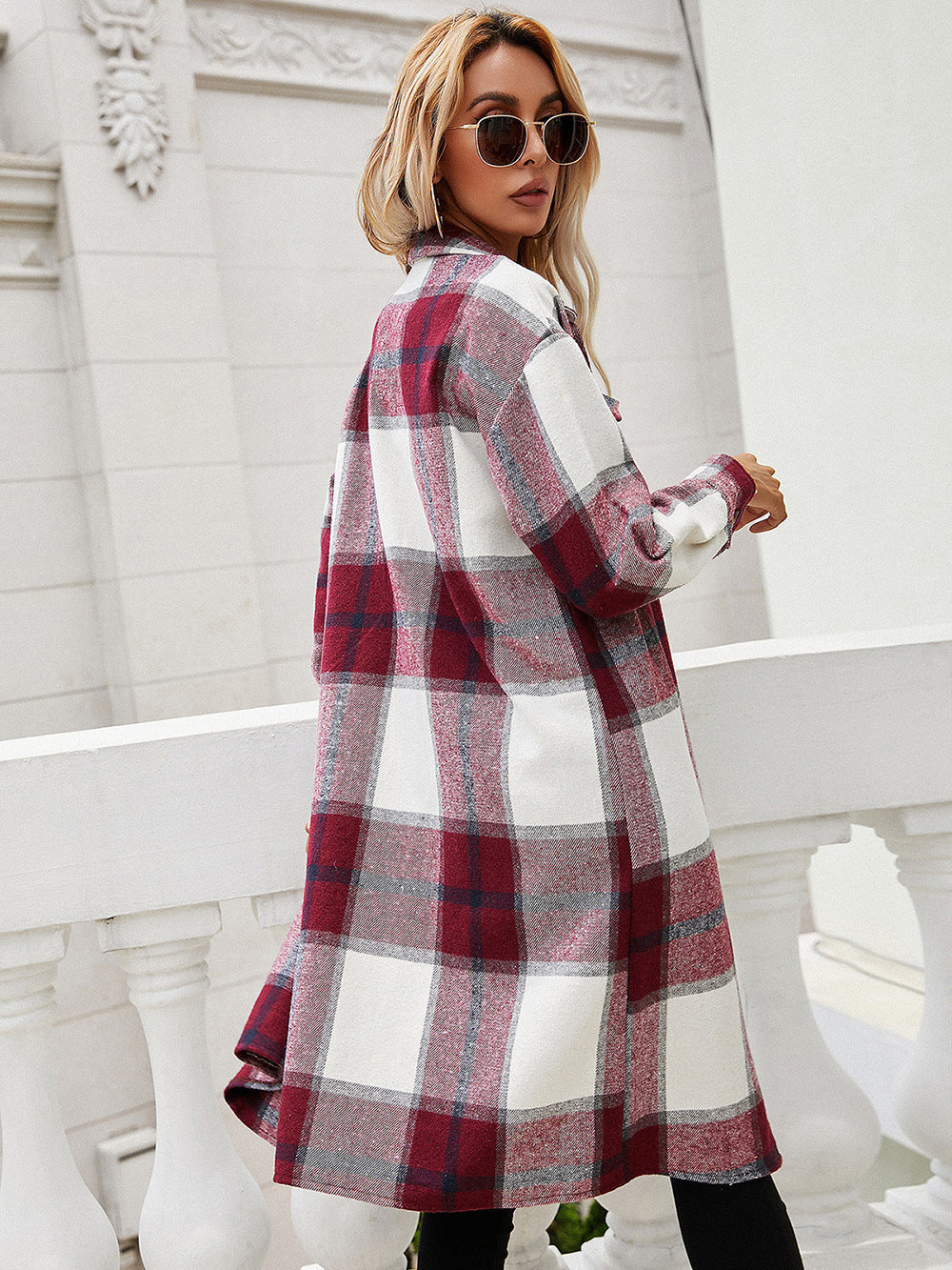 Chaqueta camisera larga a cuadros